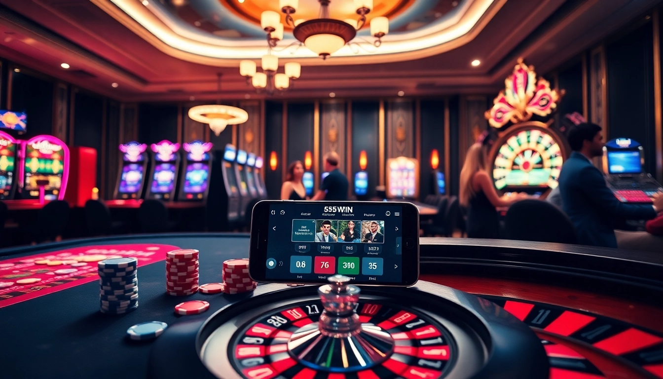 Players enjoying a luxurious casino experience at https://555win5.co.com with vibrant slot machines and poker tables.
