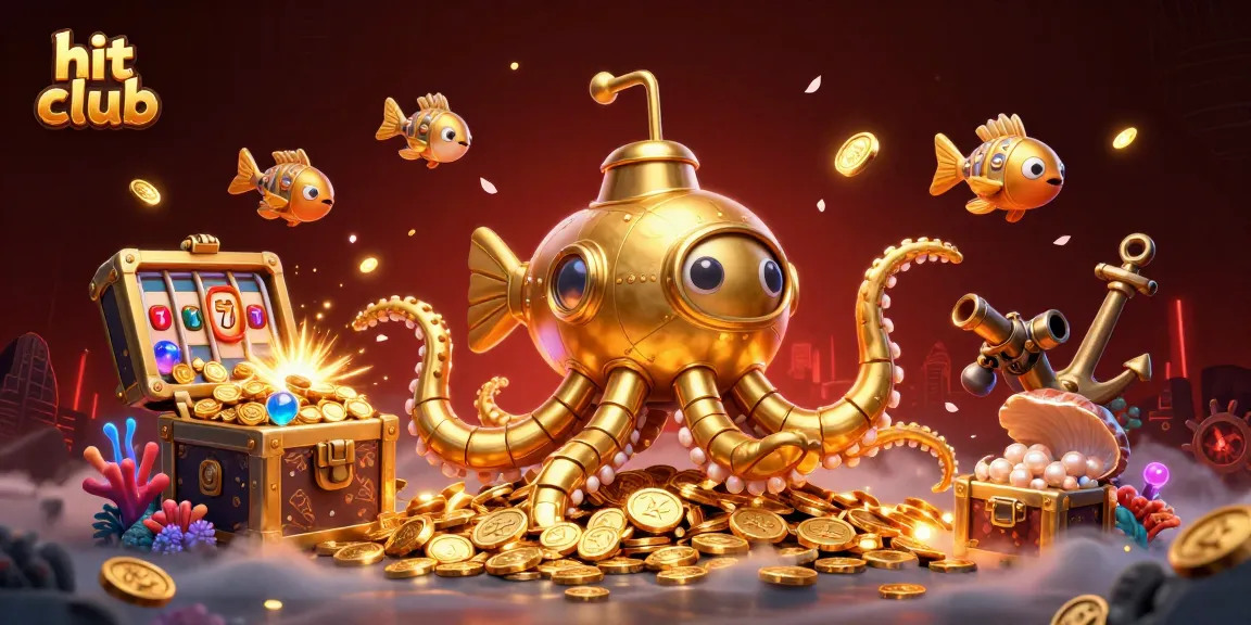 Spinning slot reels filled with golden treasures at hit club's underwater casino.