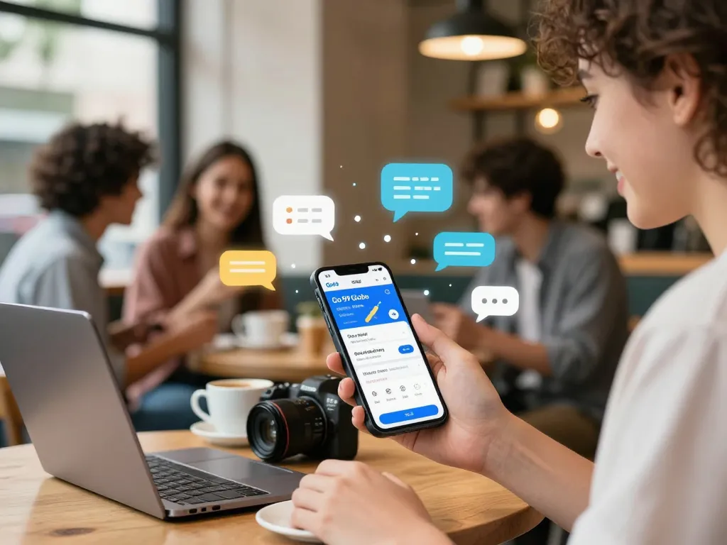 Go 99 promo scene showing a young adult using the Globe app with friends in a lively café.