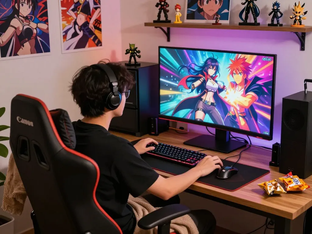 Player enjoying an anime porn game on a vibrant LED screen in a cozy gaming setup.