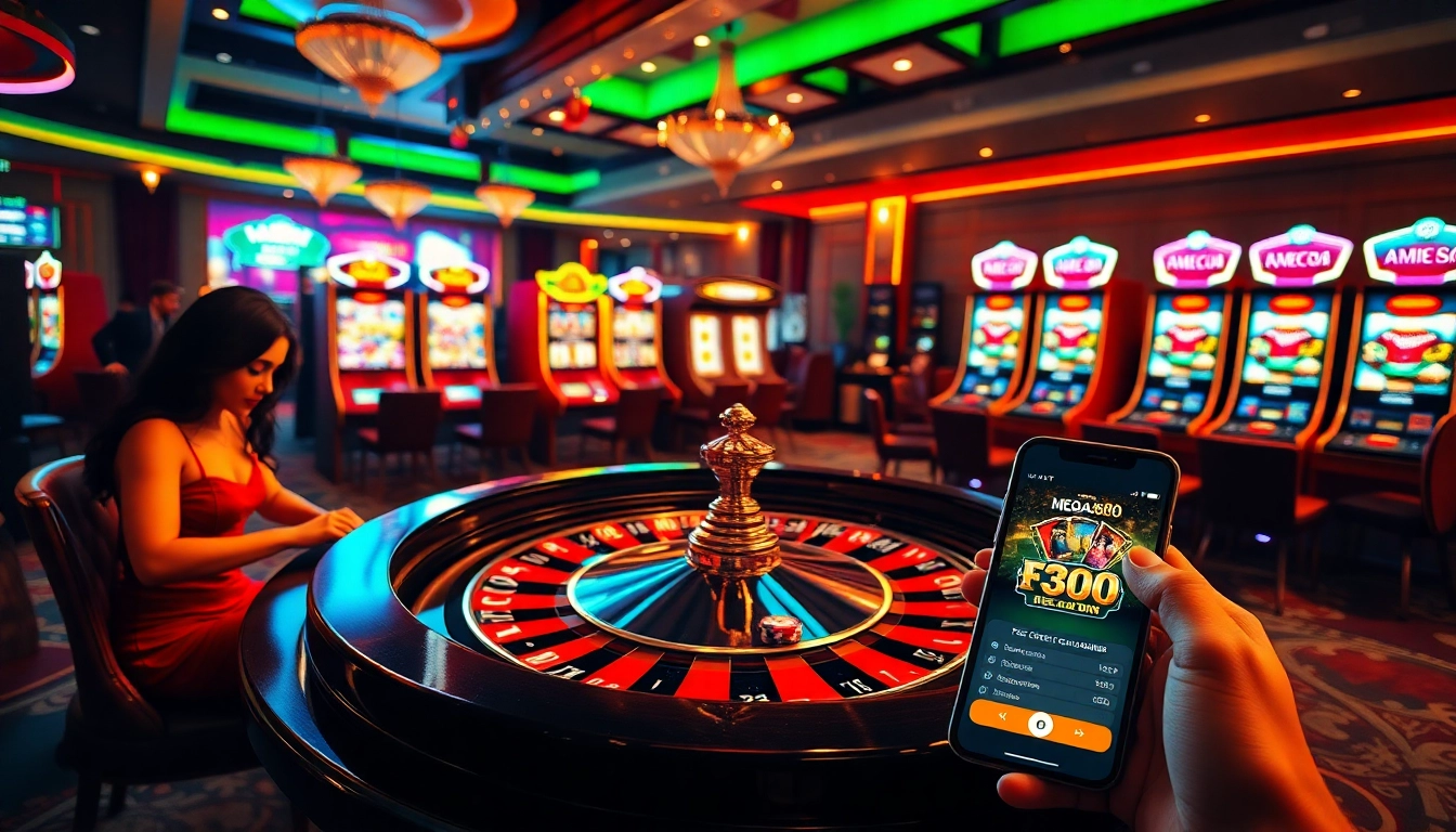 Players celebrating free credit mega888 at an exciting casino scene with roulette and slot machines.