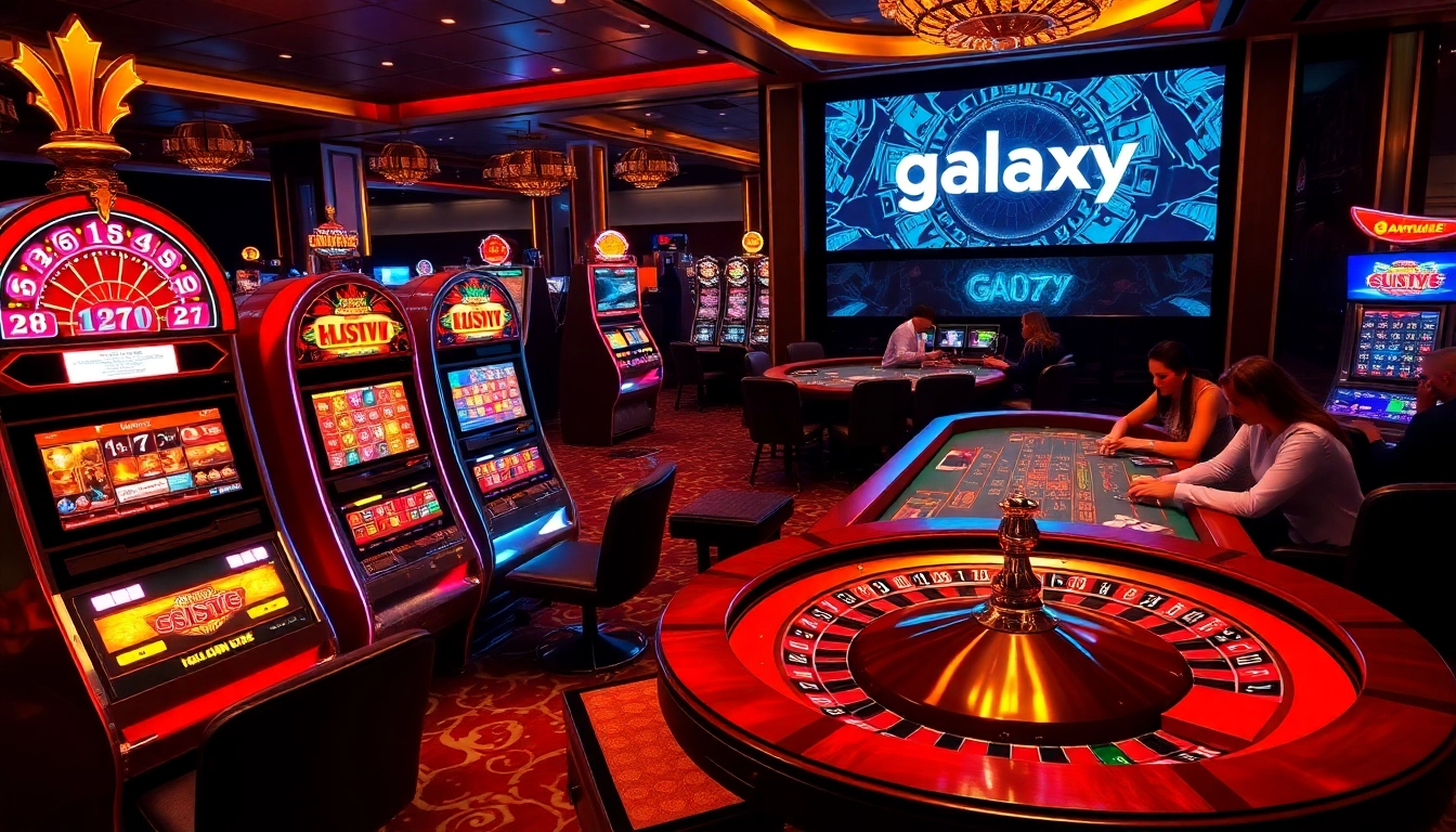 Players enjoying a vibrant casino atmosphere at galaxy6623 with slot machines and poker tables.