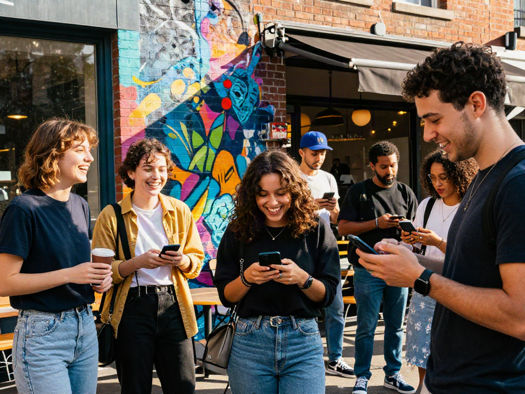 Social scene featuring young adults enjoying urban lifestyle while checking rokok88 for trends.