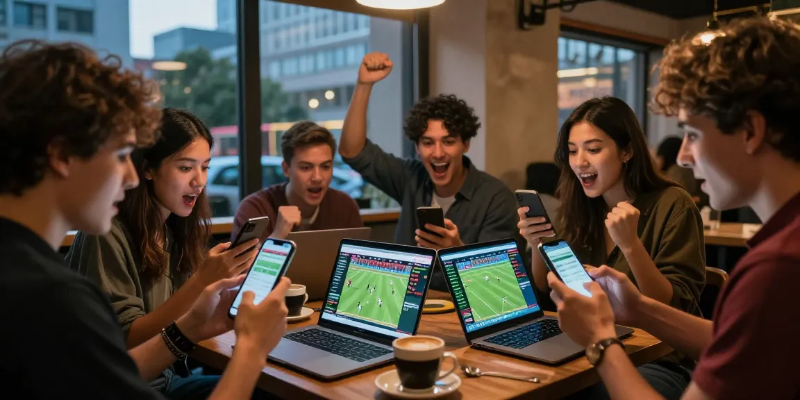 Friends analyzing kèo nhà cái in a lively urban cafe during a football match.