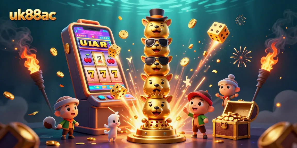Experience the vibrant excitement of uk88ac with dynamic casino elements bursting forth in a lively illustration.