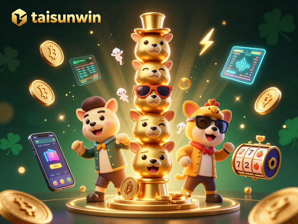 Engage with taisunwin's vibrant 3D casino illustration featuring a golden totem pole and crypto elements.