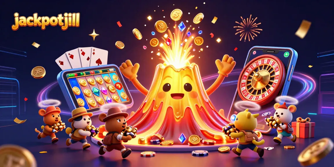 Experience excitement with jackpotjill's golden volcano erupting treasures while fleeing explorers collect winnings.