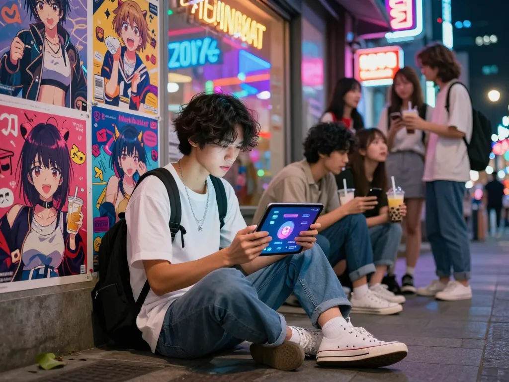 Interactive hentai ai chat scene with vibrant urban youth engaging with technology.