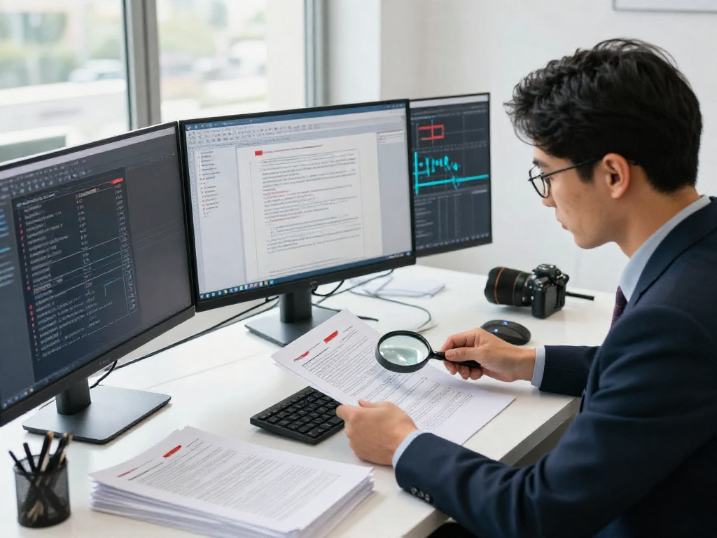 Document fraud detection analysis with a forensic expert reviewing digital files in a modern office setup.