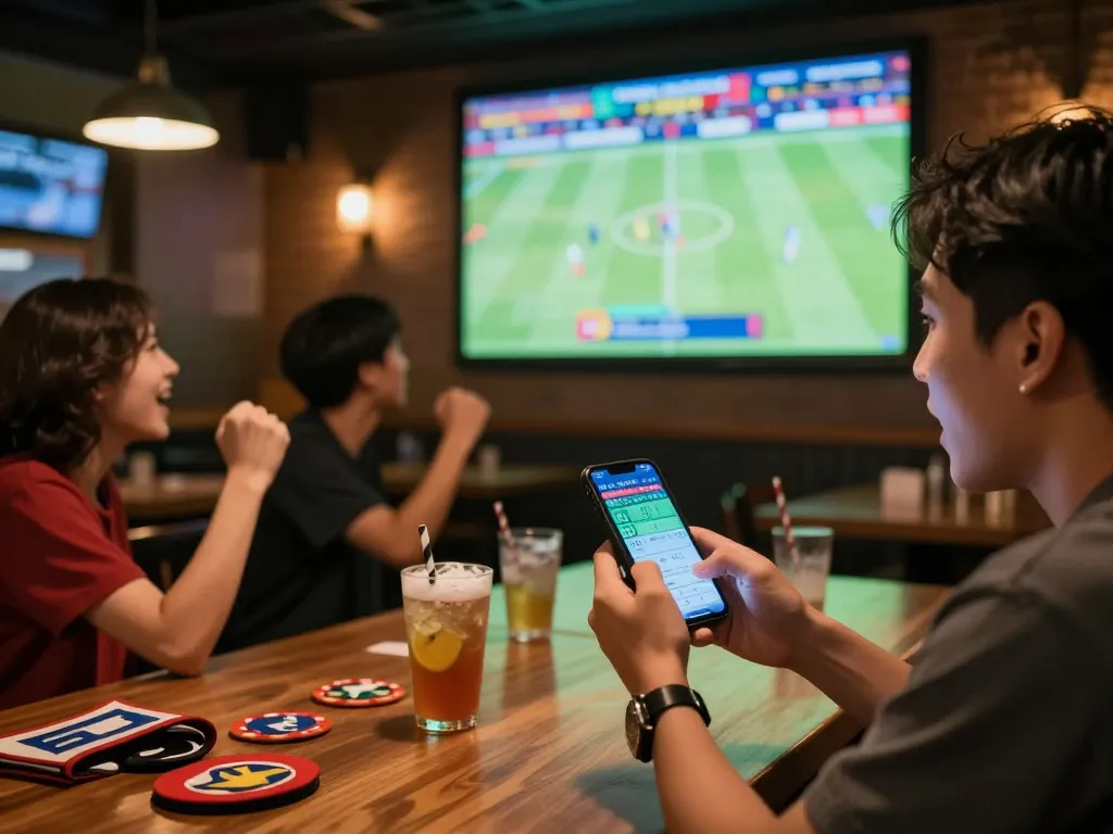 Tỷ lệ kèo nhà cái hôm nay in action as a bettor tracks live sports betting on a smartphone.