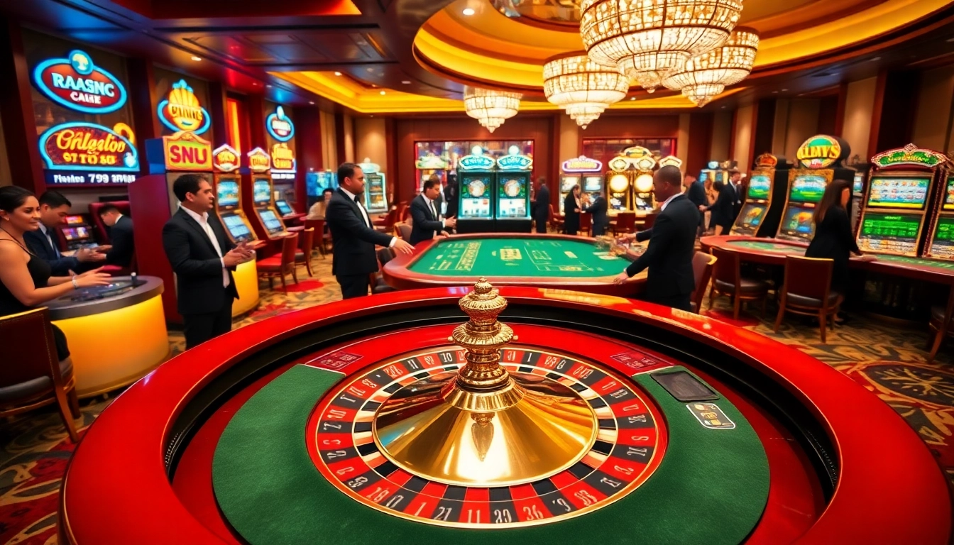 Players enjoying exciting table games at f168, capturing the thrill of winning while surrounded by vibrant casino decor.