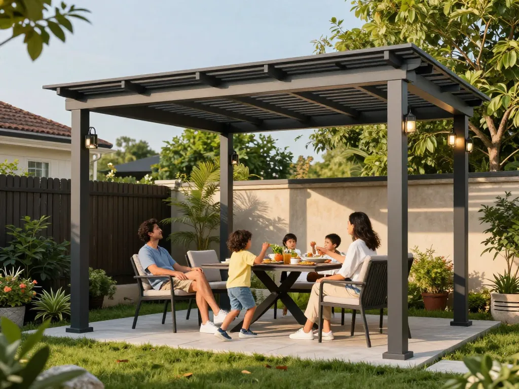 configuratore 3D per pergole showcasing a family enjoying their stylish outdoor pergola in a lush backyard
