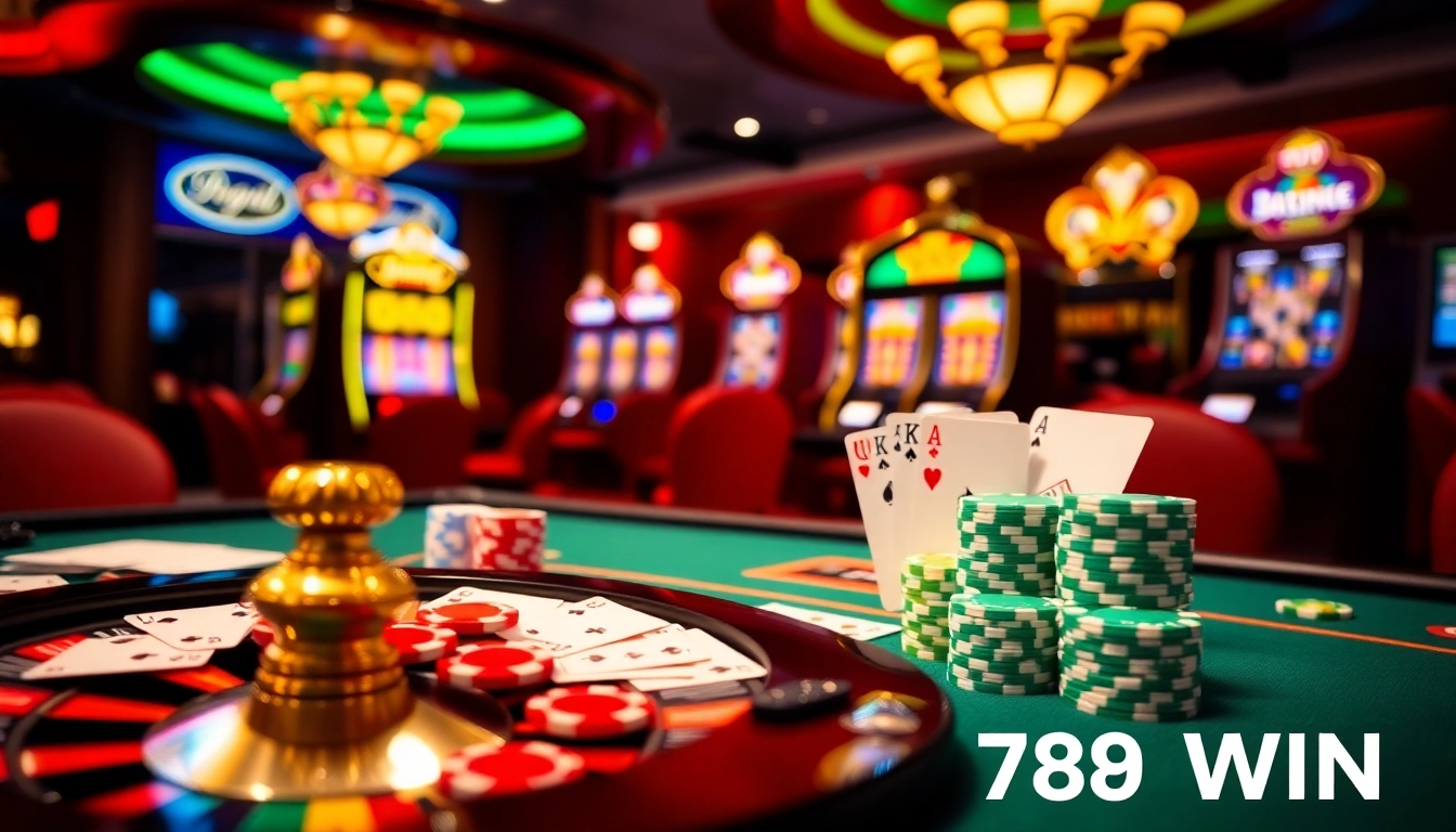 Experience high-stakes gaming at 789 win's stylish poker table with vibrant chips and cards.