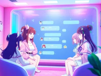 Vibrant depiction of hentai AI chat characters in a digital chat room.