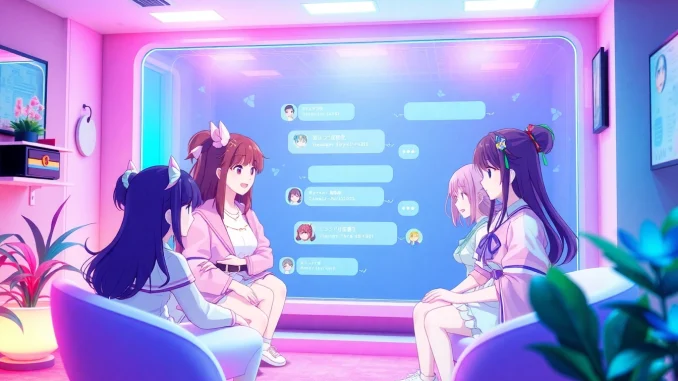 Vibrant depiction of hentai AI chat characters in a digital chat room.