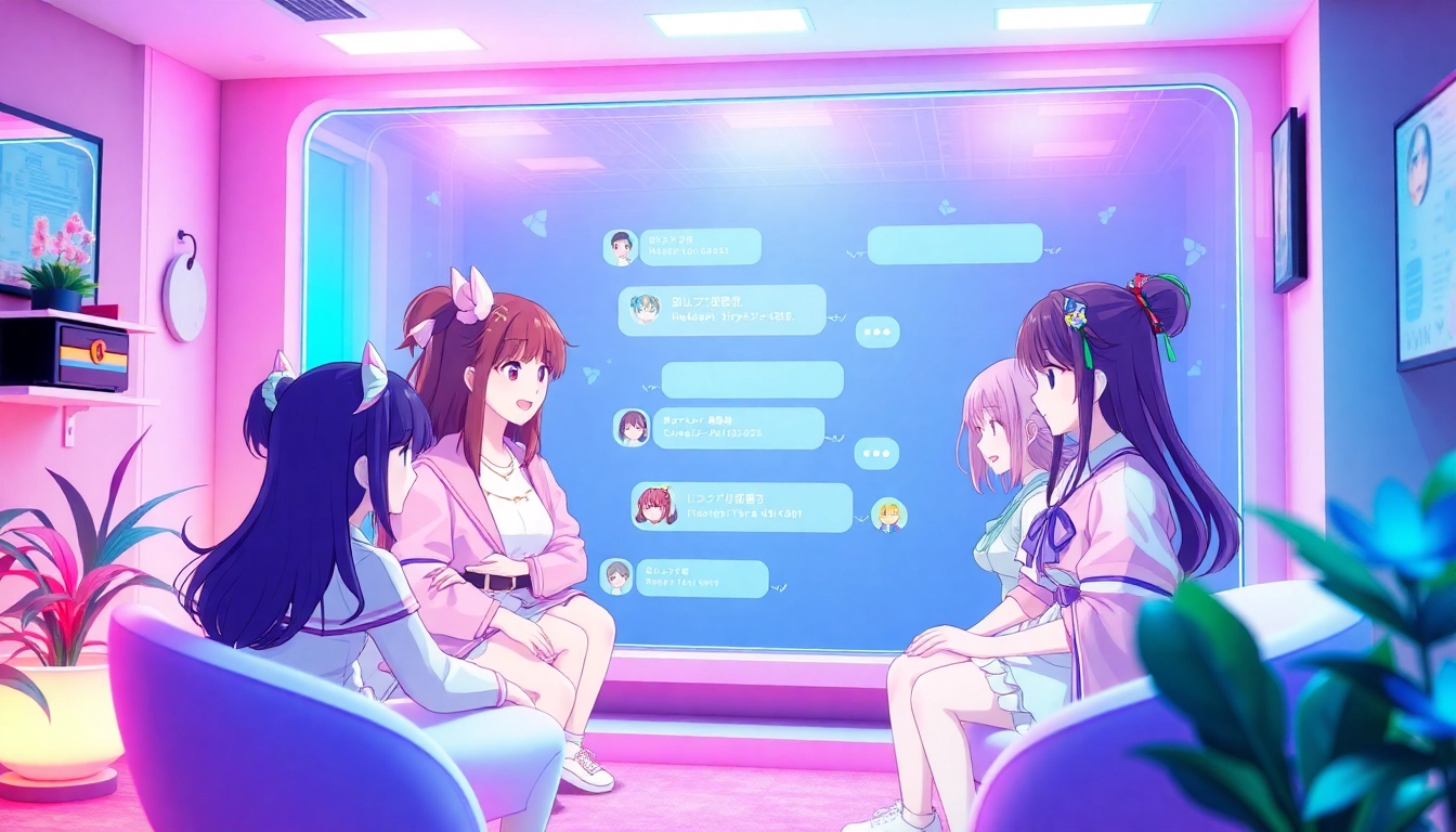 Vibrant depiction of hentai AI chat characters in a digital chat room.