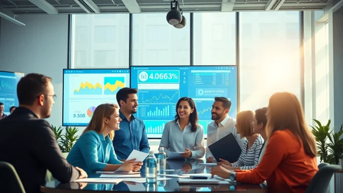 Marketing Agency team collaborating in a dynamic office environment with colorful analytics.