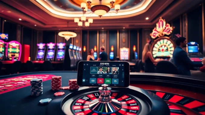 Players enjoying a luxurious casino experience at https://555win5.co.com with vibrant slot machines and poker tables.