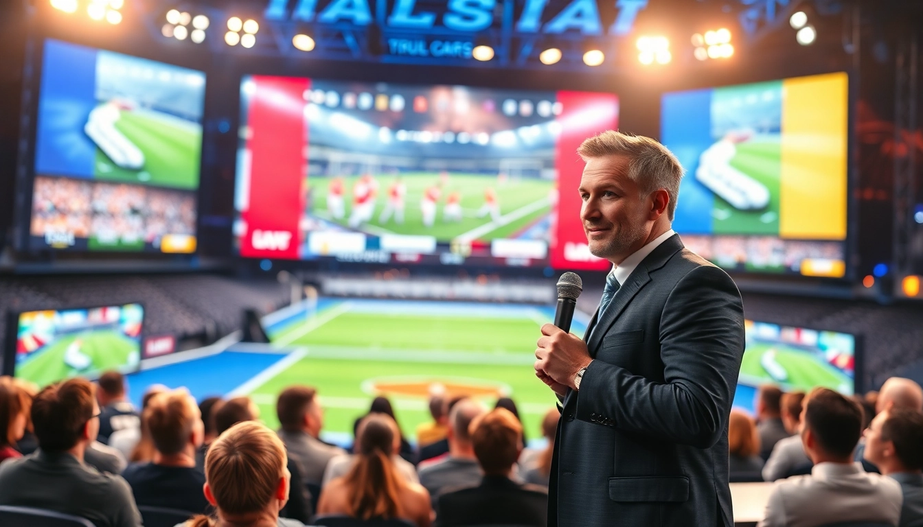 Engaging presenter in sports broadcasting studio with vibrant lighting and display.