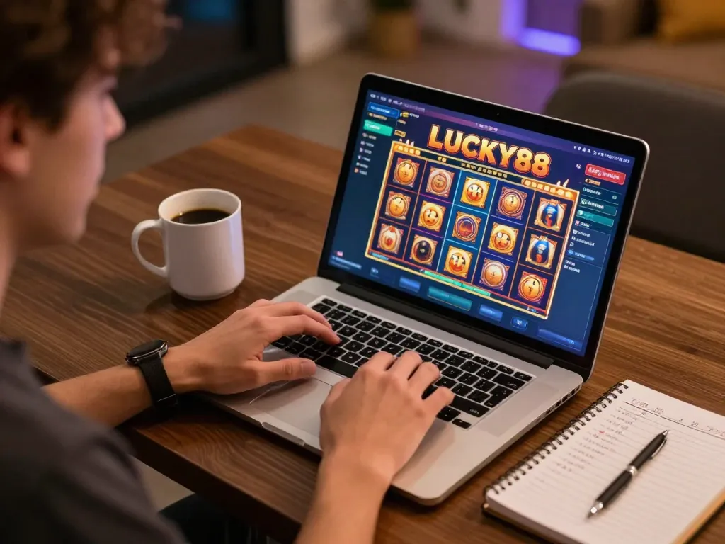 Engaging player enjoying LUCKY88 slot game on laptop with betting notes, casual online gaming scene
