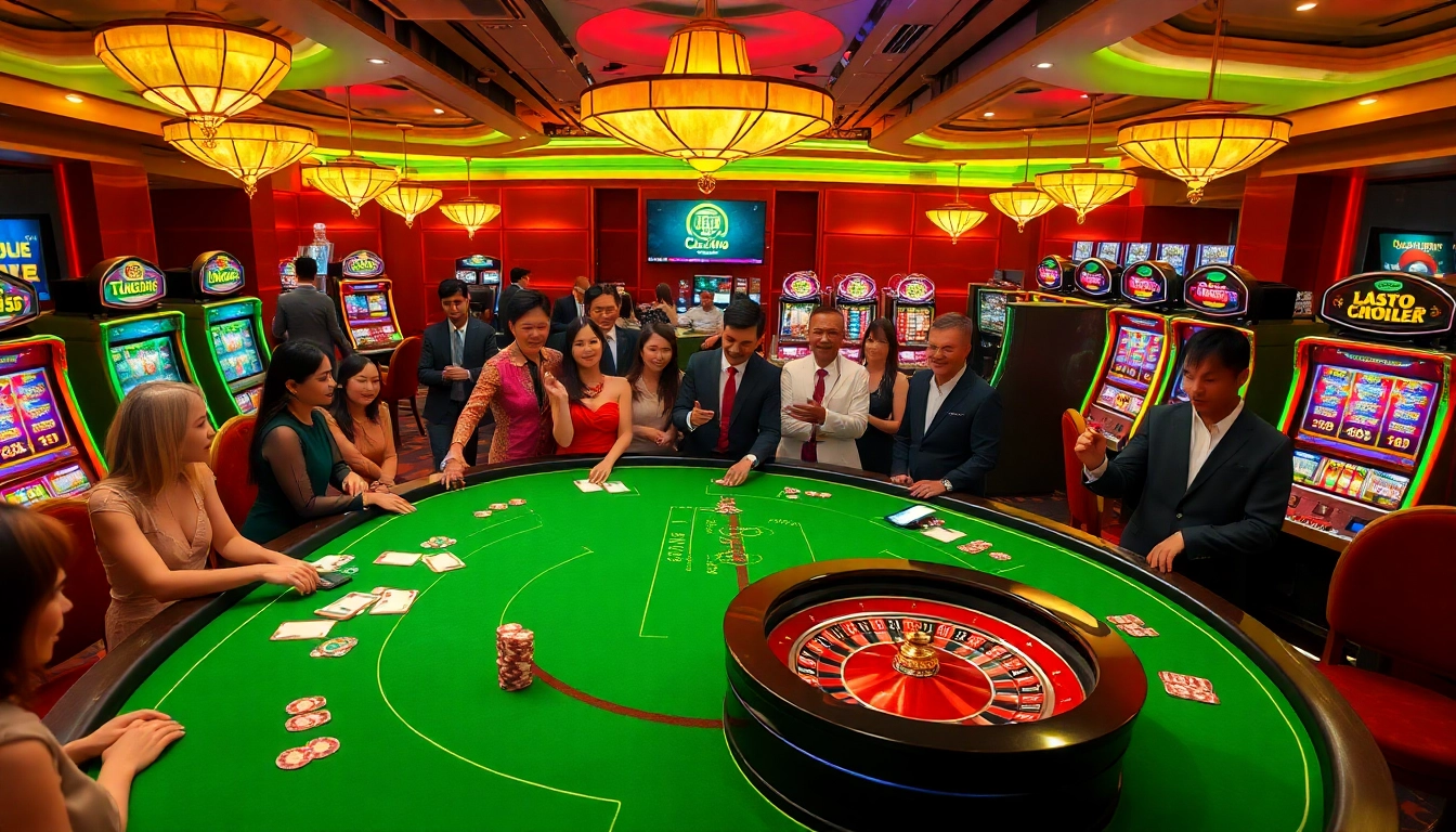 Experience the thrill of Casino lu88 with vibrant casino tables, chips, and a roulette wheel.
