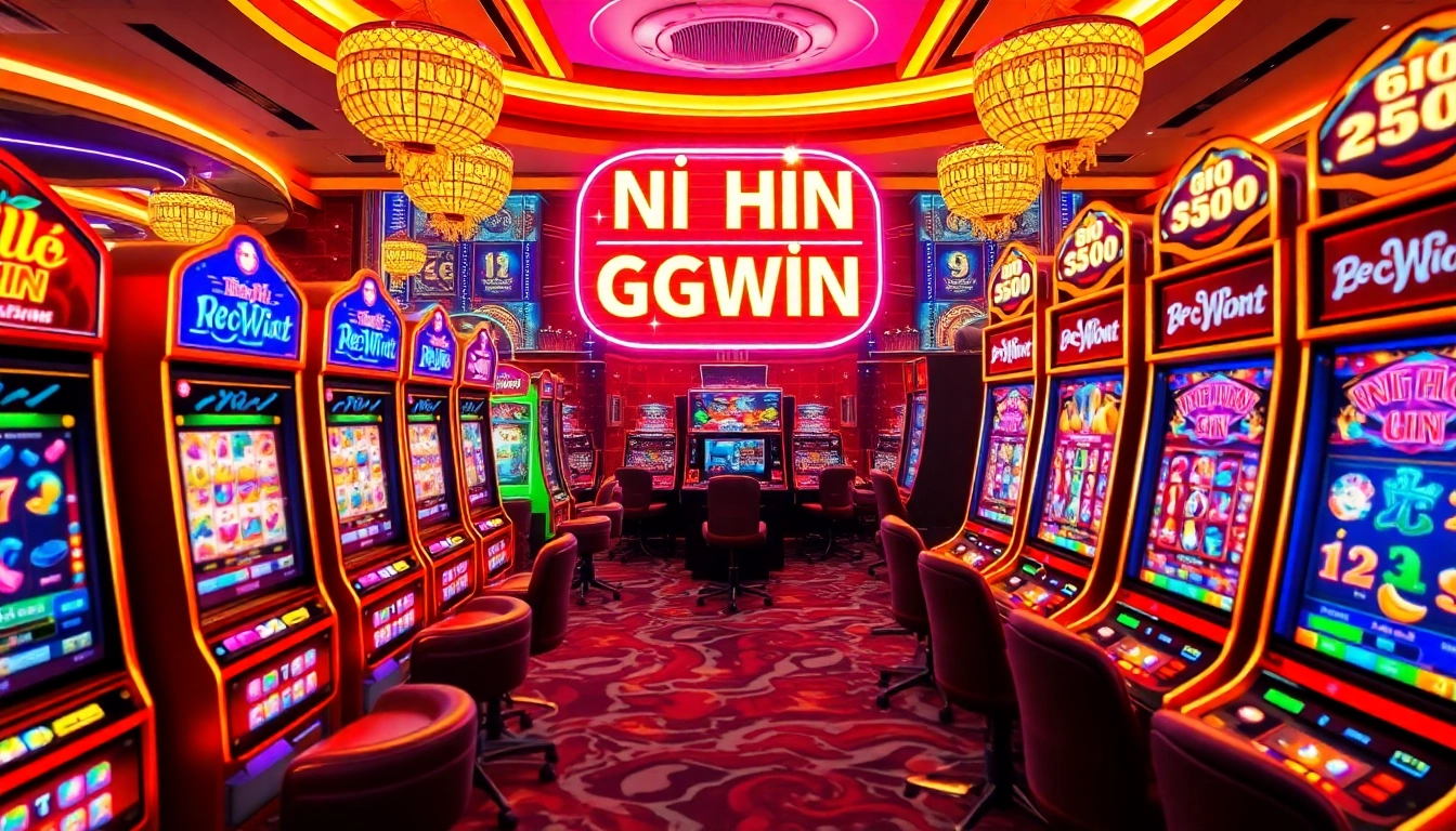 Nổ hũ GGWIN thrilling slot machines in a luxurious casino setting inviting players to win big.