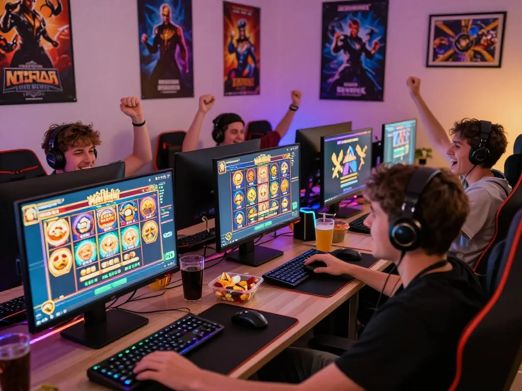 Players enjoying game nổ hũ in a lively gaming environment with bright displays and snacks.
