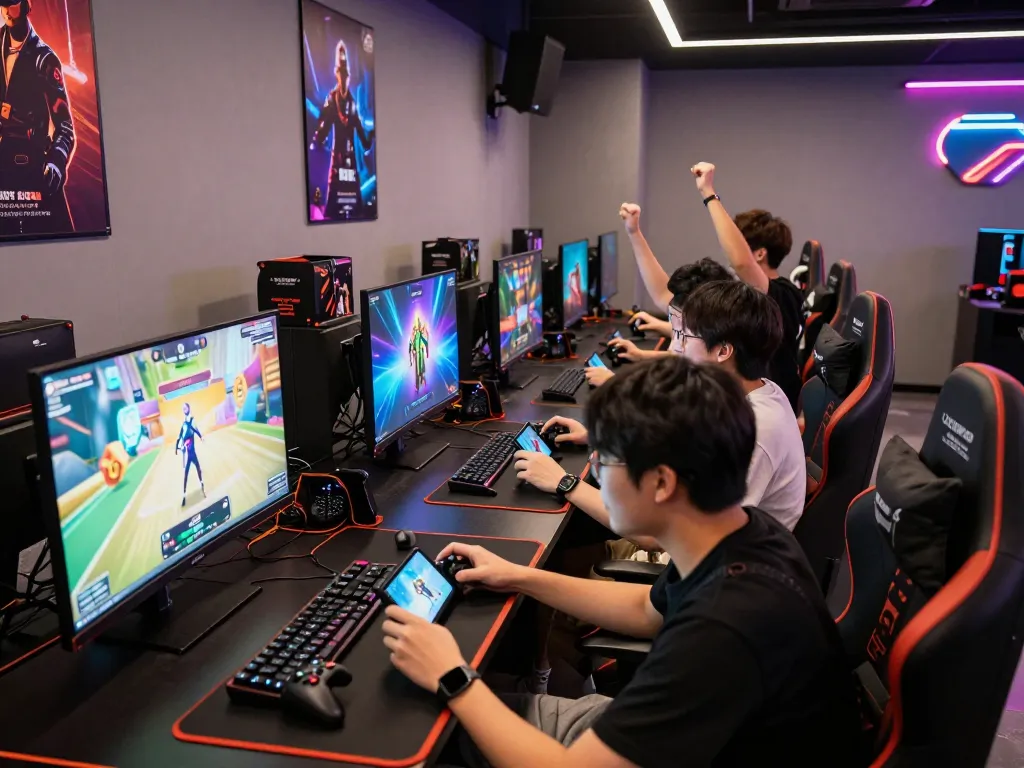 Exciting gaming scene with friends engaging on mobile devices at a modern lounge, showcasing 789 P gaming atmosphere.