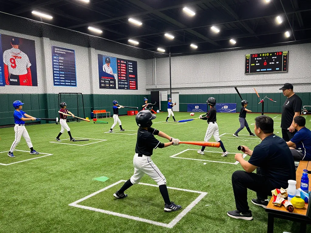 Young athletes training at the hitclub facility, focusing on baseball hitting drills with coaches providing guidance