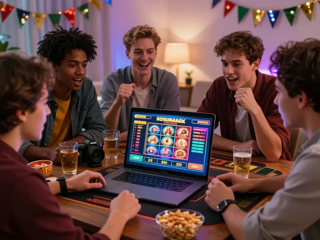 Friends enjoying a gaming night exploring nhà cái uy tín with vibrant online betting.