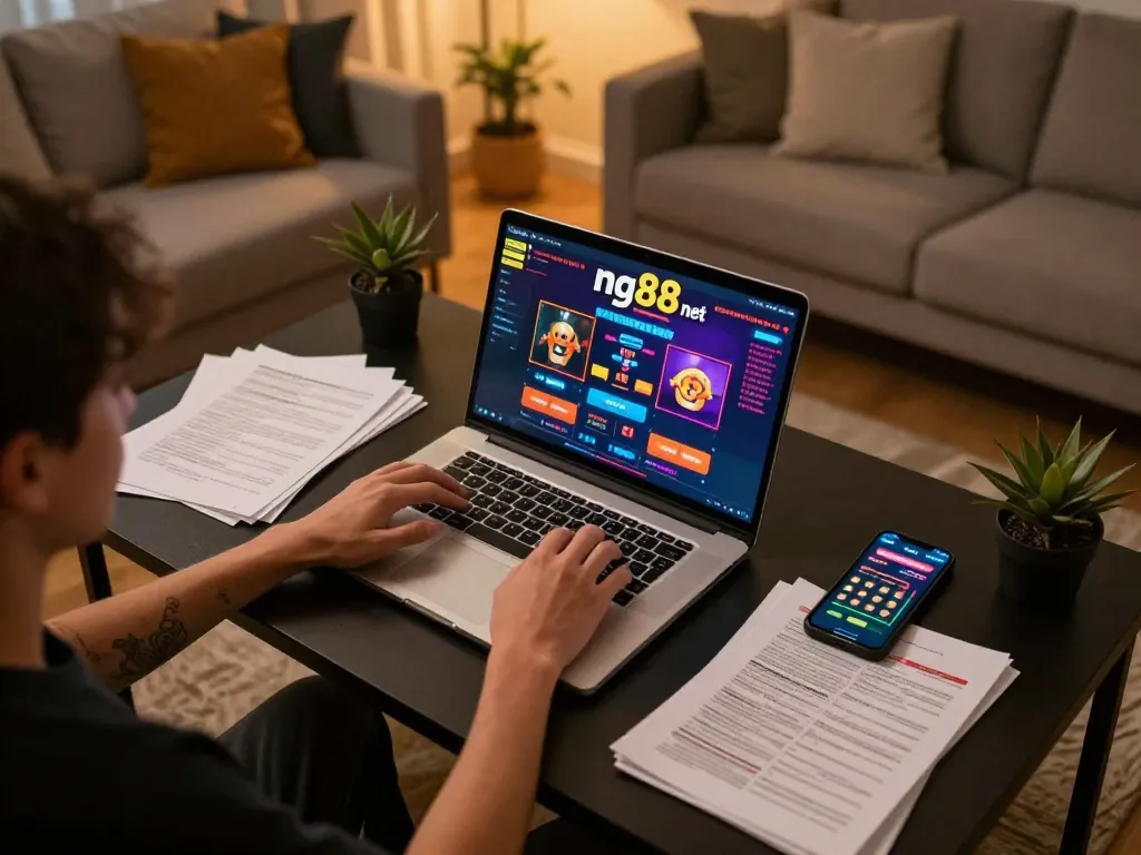 Player engaging in online betting at home using nk88 net casino interface, surrounded by strategy notes