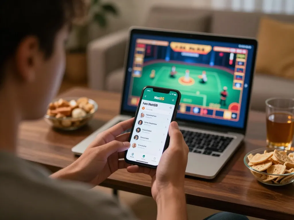 Player using the link vào Net88 mobile app for online gaming in a cozy home setting