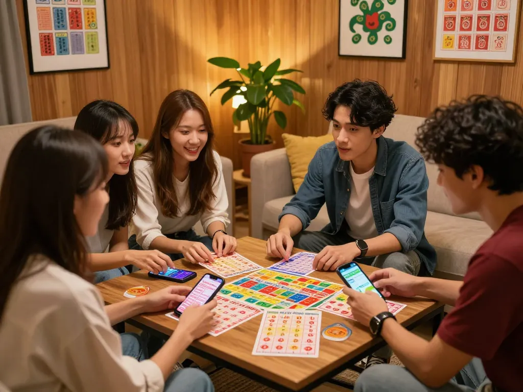 Friends discussing lô đề hôm nay strategies with colorful betting slips in cozy setting.