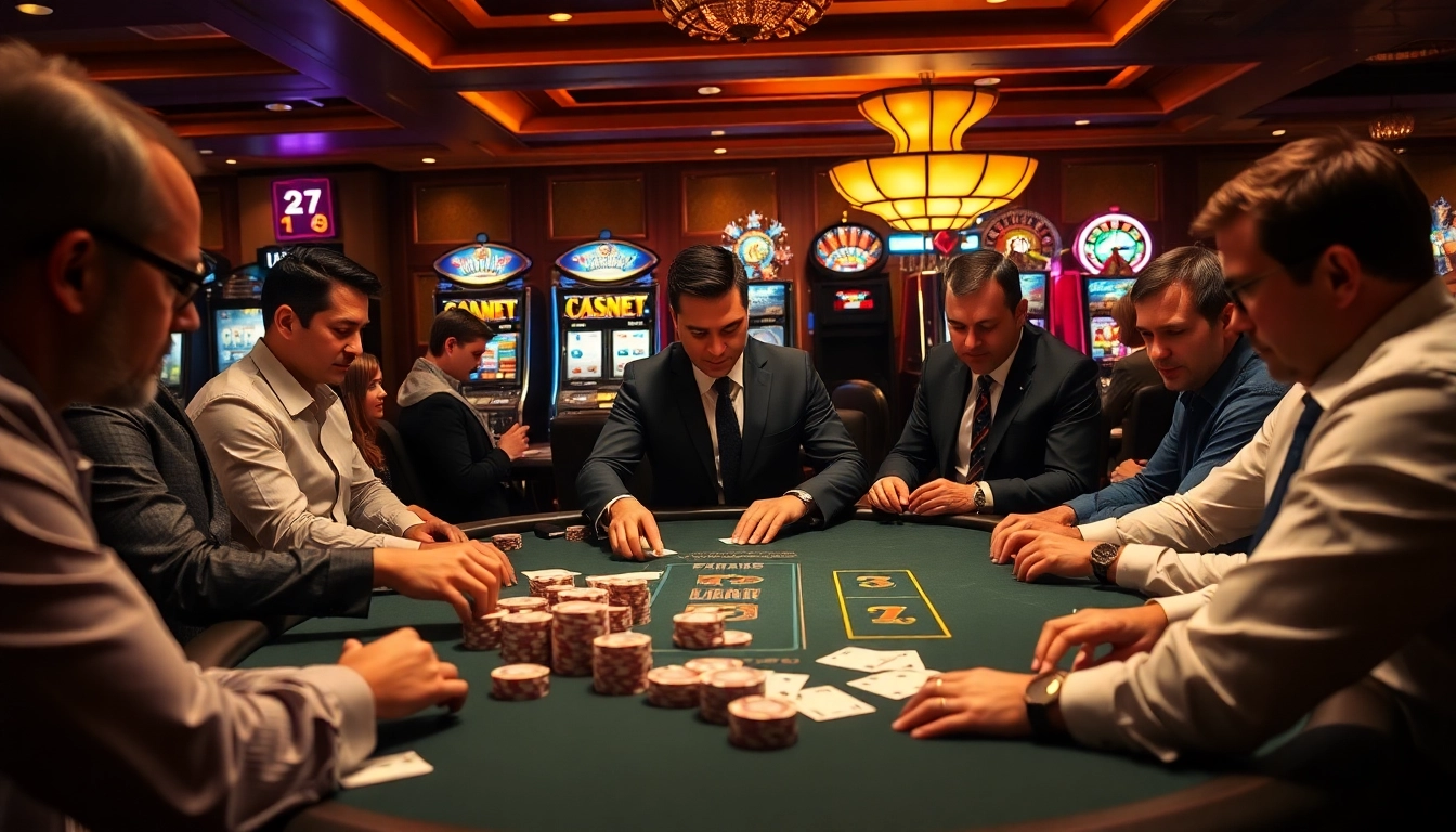 Excited gamblers place bets at a poker table in a luxurious casino featuring debet cards and chips.