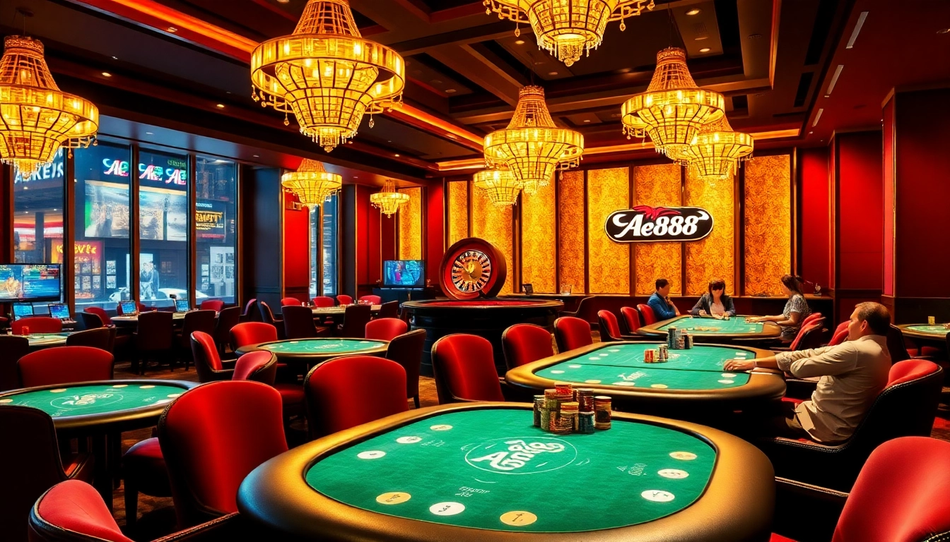 Experience the excitement of AE888 with players enjoying high-stakes poker in a luxurious setting.