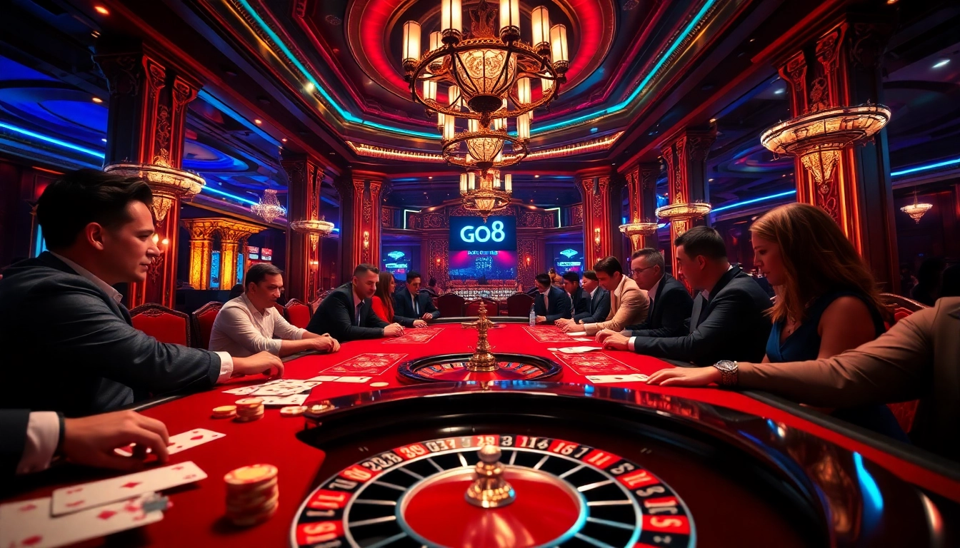 Players at a luxurious casino table engage in high-stakes poker, reflecting the go8 excitement.