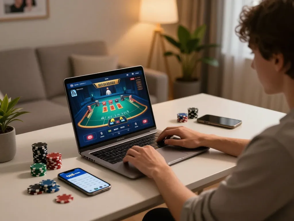 Engaging in online gaming activities at tg88.com with poker chips and smartphone in a cozy setup.