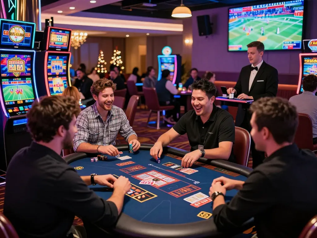 Nohu90 gaming experience with diverse players enjoying vibrant online casino atmosphere and colorful lights.