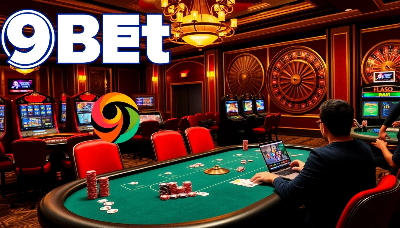 Players enjoying a high-stakes game with the 9bet logo, poker chips, and roulette wheel.