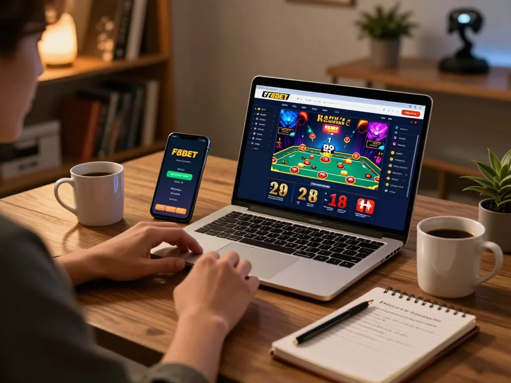 Engaging online gaming with F8BET, showcasing a player utilizing a laptop and smartphone for strategic betting.