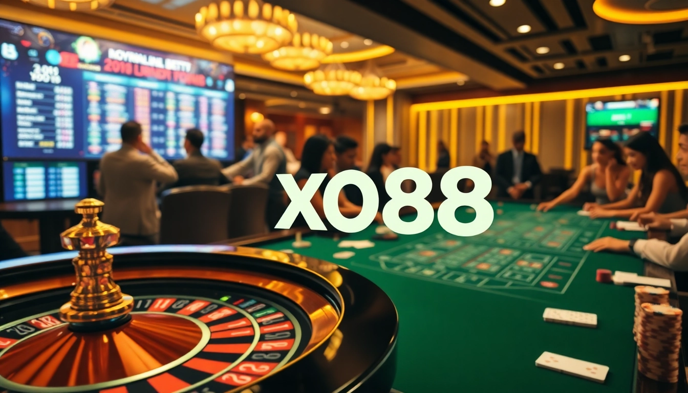 Engaging gamblers at an upscale casino table featuring xo88 logo and vibrant gaming elements.