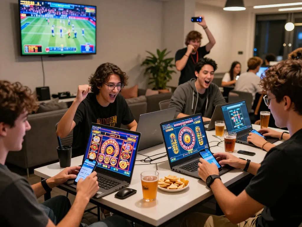 Exciting online gaming party scene featuring sunwin20 players enjoying virtual slots and roulette together.