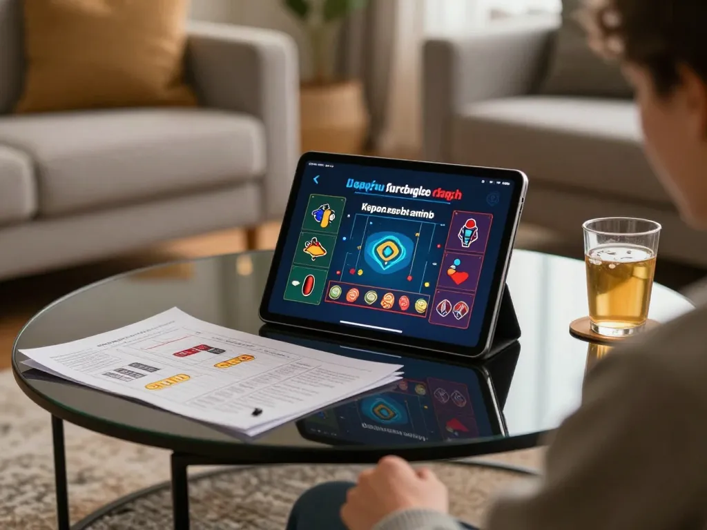 A player utilizing the link oxbet on a tablet for online gaming in a cozy living room.