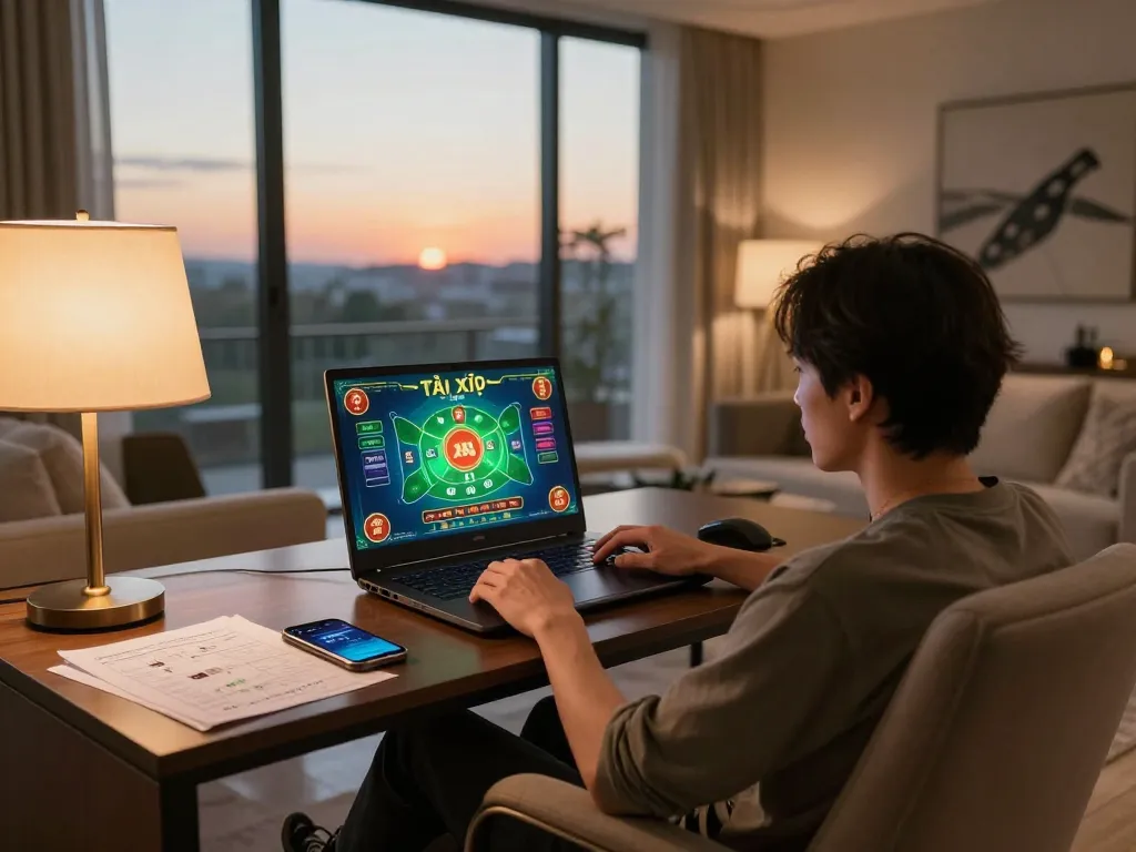 Tài xỉu online uy tín gameplay on laptop, cozy home setting with strategic notes and warm lighting