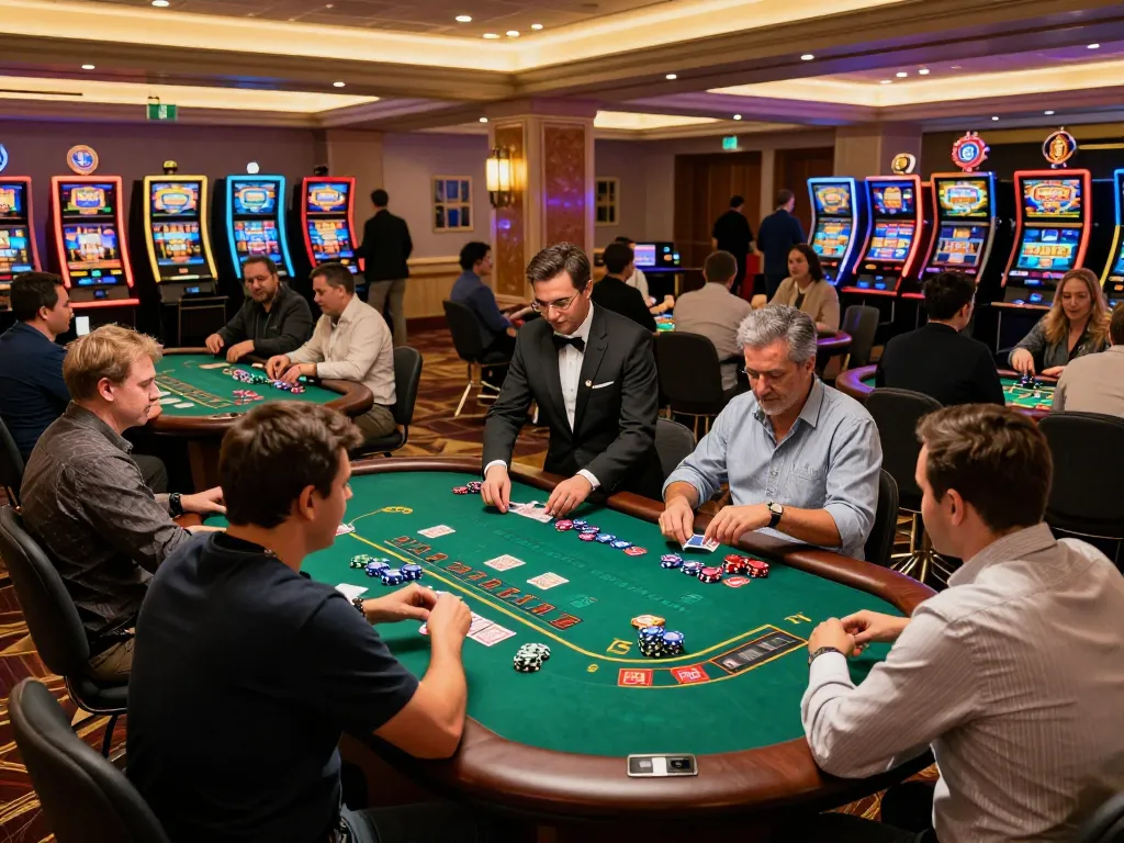 Players enjoy intense blackjack gameplay at DA88 casino, vibrant atmosphere with dealers and chips visible.