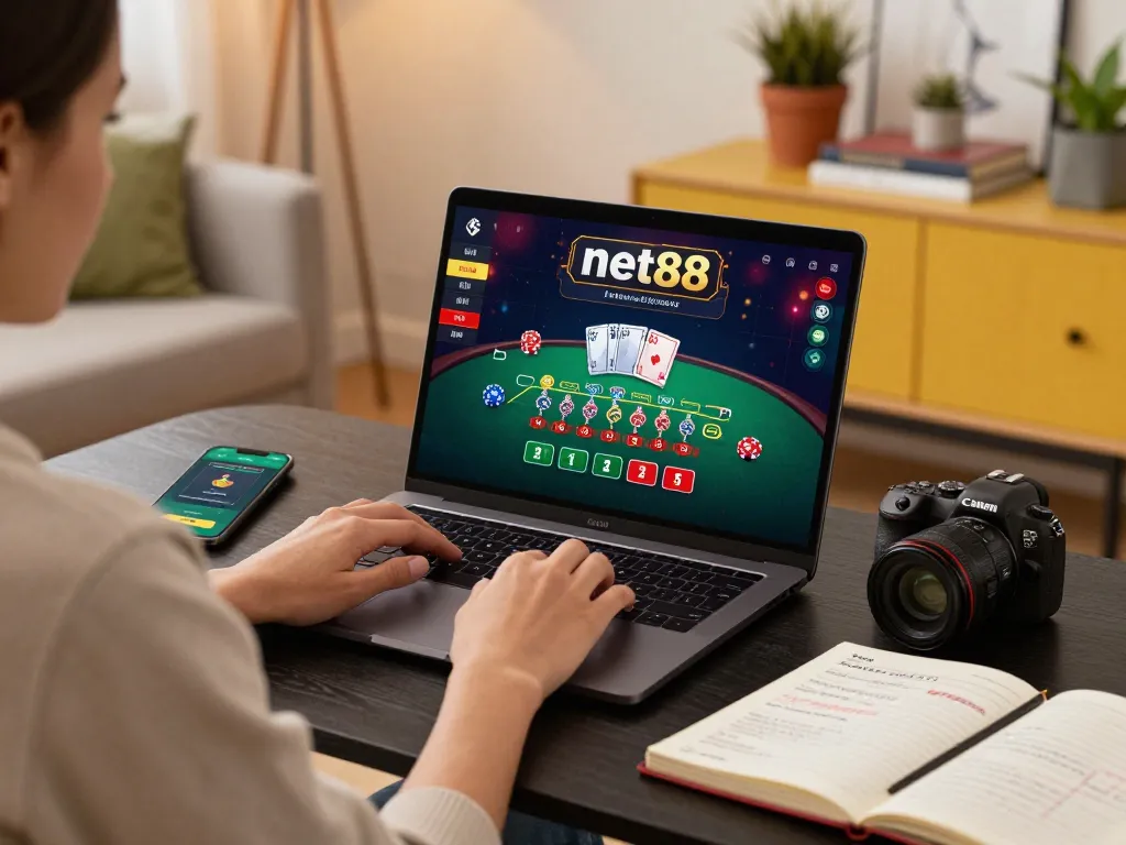 Engaging player using laptop for casino net88 online gaming, cozy home setting with warm lighting.