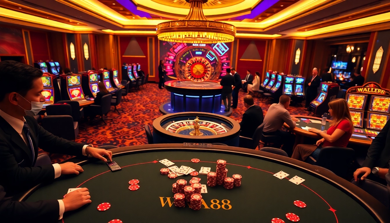 Players enjoying an exciting game of poker at the WALA88 casino, showcasing vibrant chips and cards.