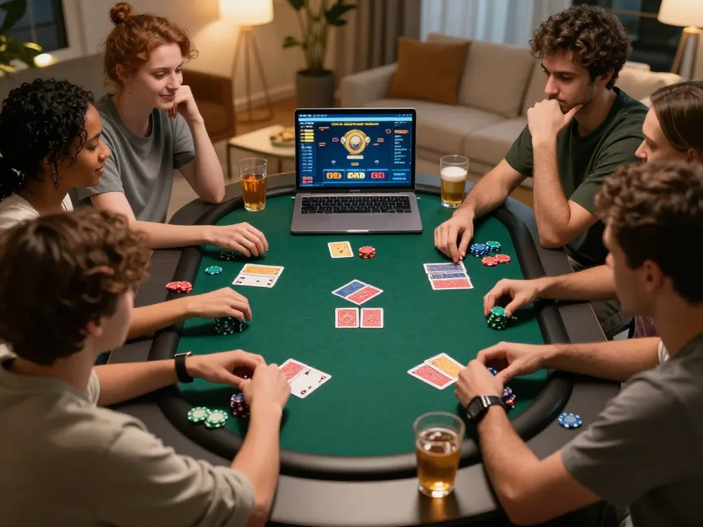 Friends enjoying an online poker game on 888b with drinks and snacks, cozy home atmosphere.