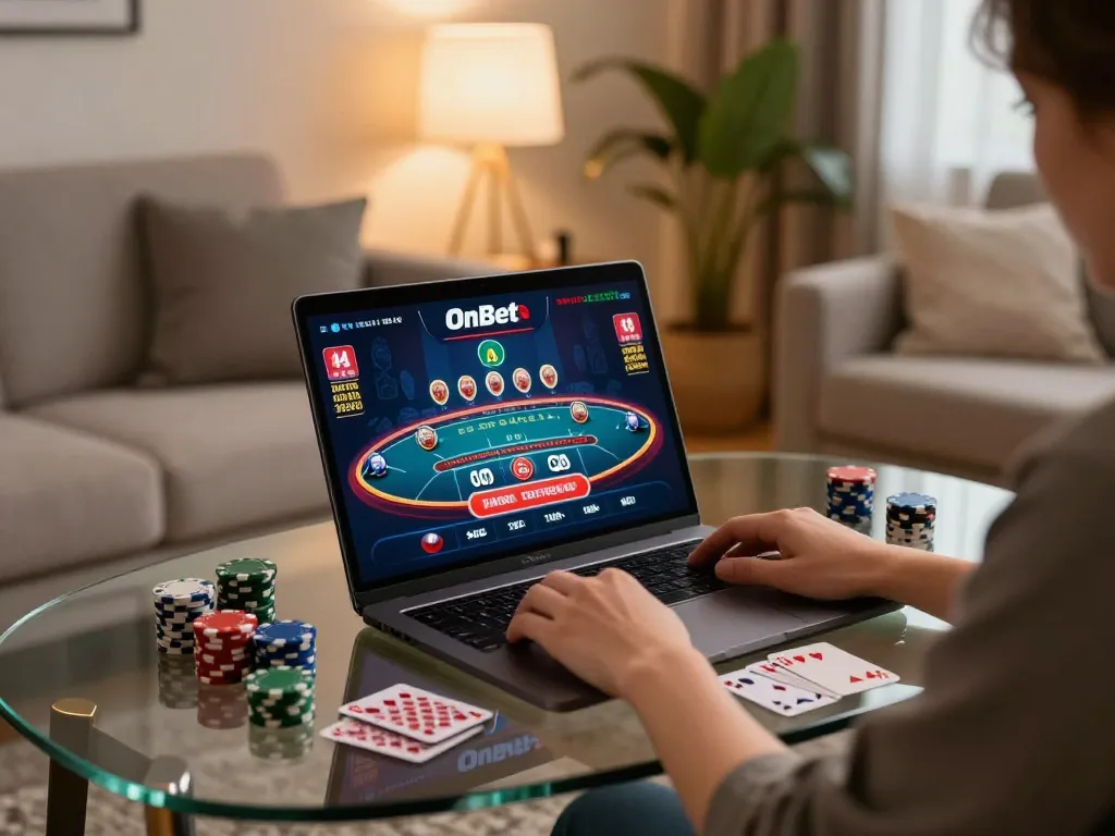 Engaged player using OnBet online casino app for an exciting blackjack game at home.