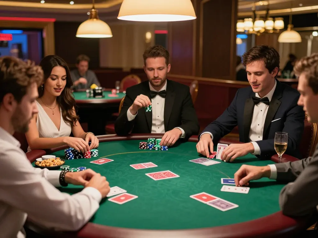 Friends enjoy a thrilling poker night at go8, showcasing competitive hands and camaraderie.